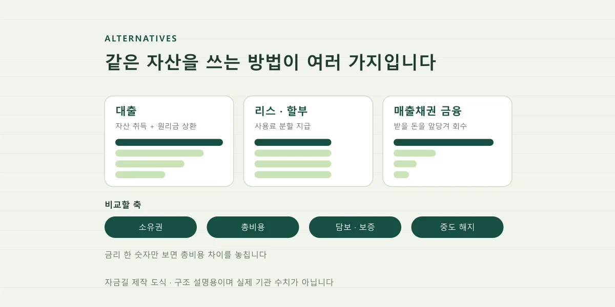 대출과 리스·할부·매출채권 금융의 자금 흐름 차이를 비교한 자금길 제작 도식