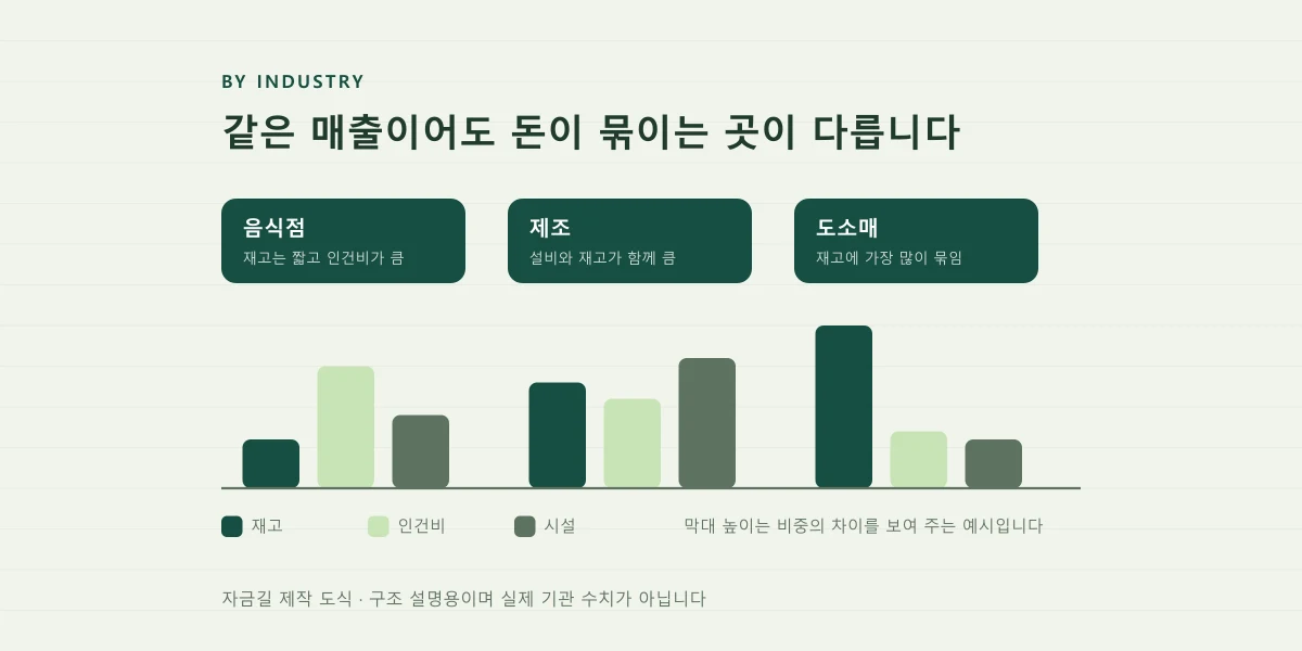 음식점·제조·도소매가 재고와 인건비, 시설에 자금을 묶어 두는 비중이 서로 다르다는 것을 막대로 비교한 자금길 제작 도식
